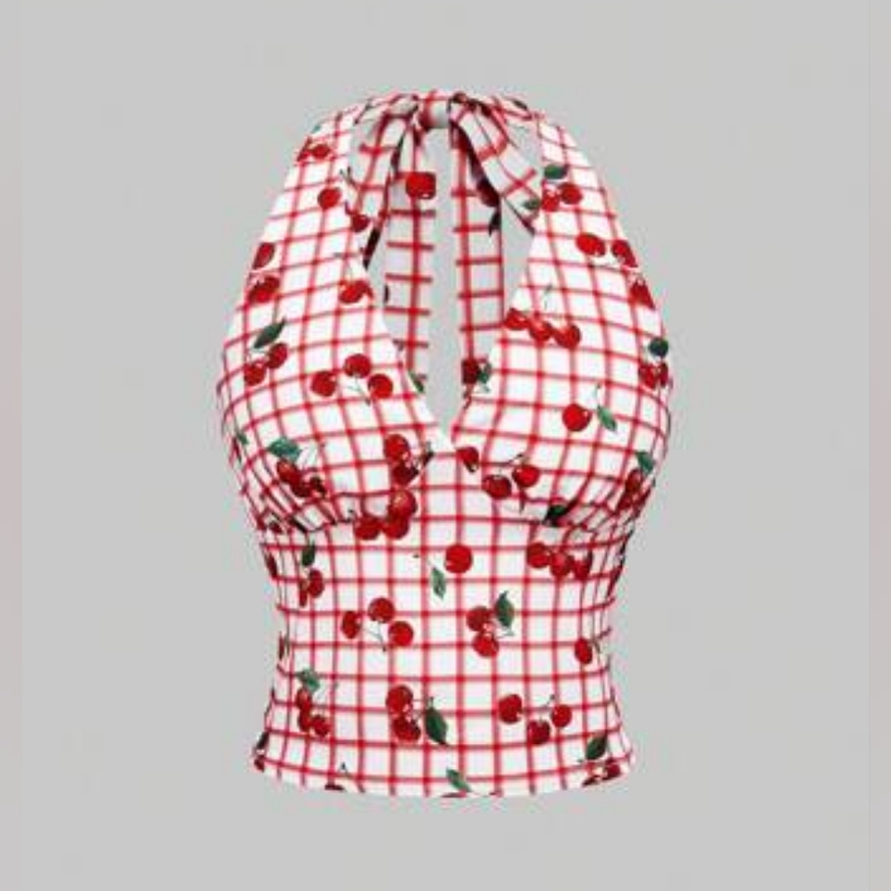 ROMWE Cherry Checkered Halter Crop Top - White and Red - Y2K Style